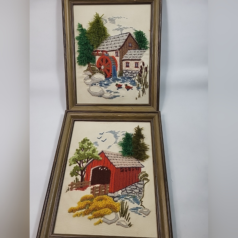 Vintage Framed Crewel Embroidery Art Set